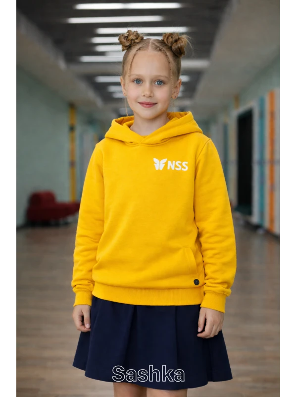 Худі для дівчинки жовте з логотипом школи NSS, розмір 116-164